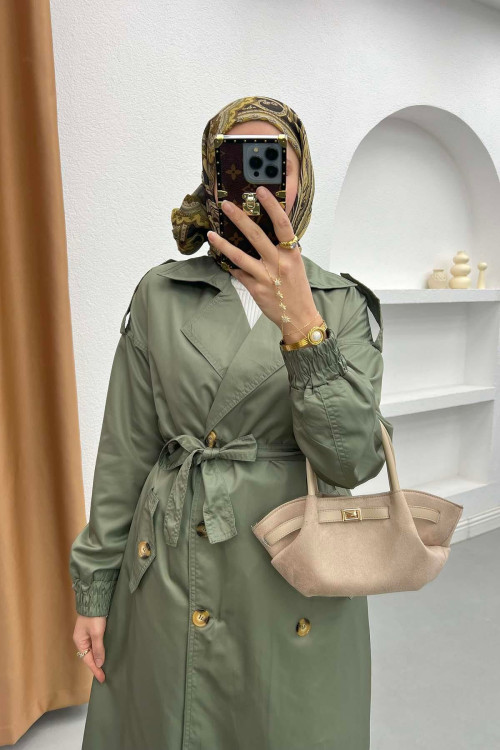 Button Detailed Pocket Trench Coat Khaki