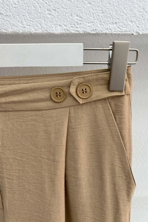 Button Detailed Darted Trousers Camel