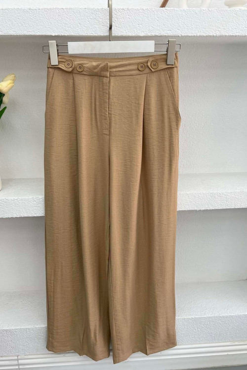 Button Detailed Darted Trousers Camel