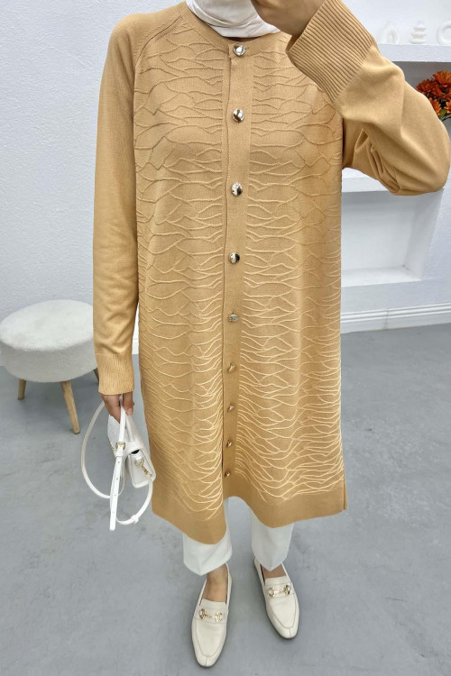 Buttoned Textured Cardigan Milky Coffee