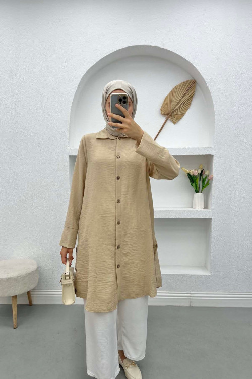 Buttoned Linen Tunic Beige