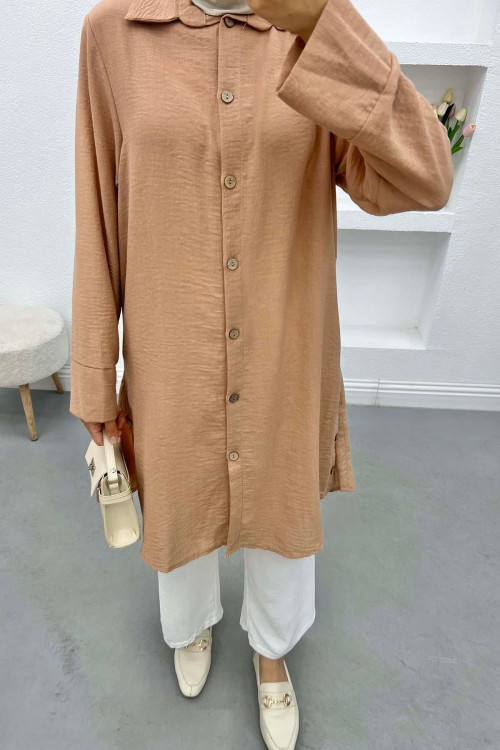 Buttoned Linen Tunic Camel