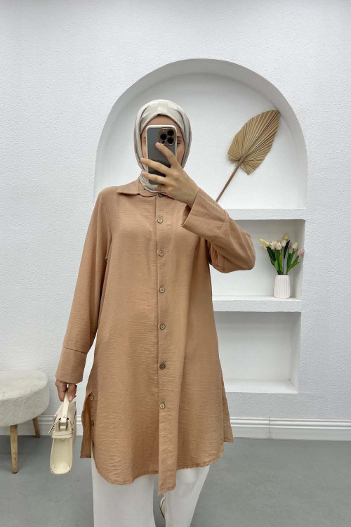 Buttoned Linen Tunic Camel