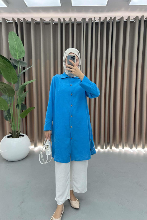 Buttoned Linen Tunic Blue