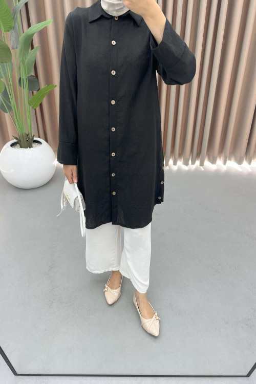 Buttoned Linen Tunic Black