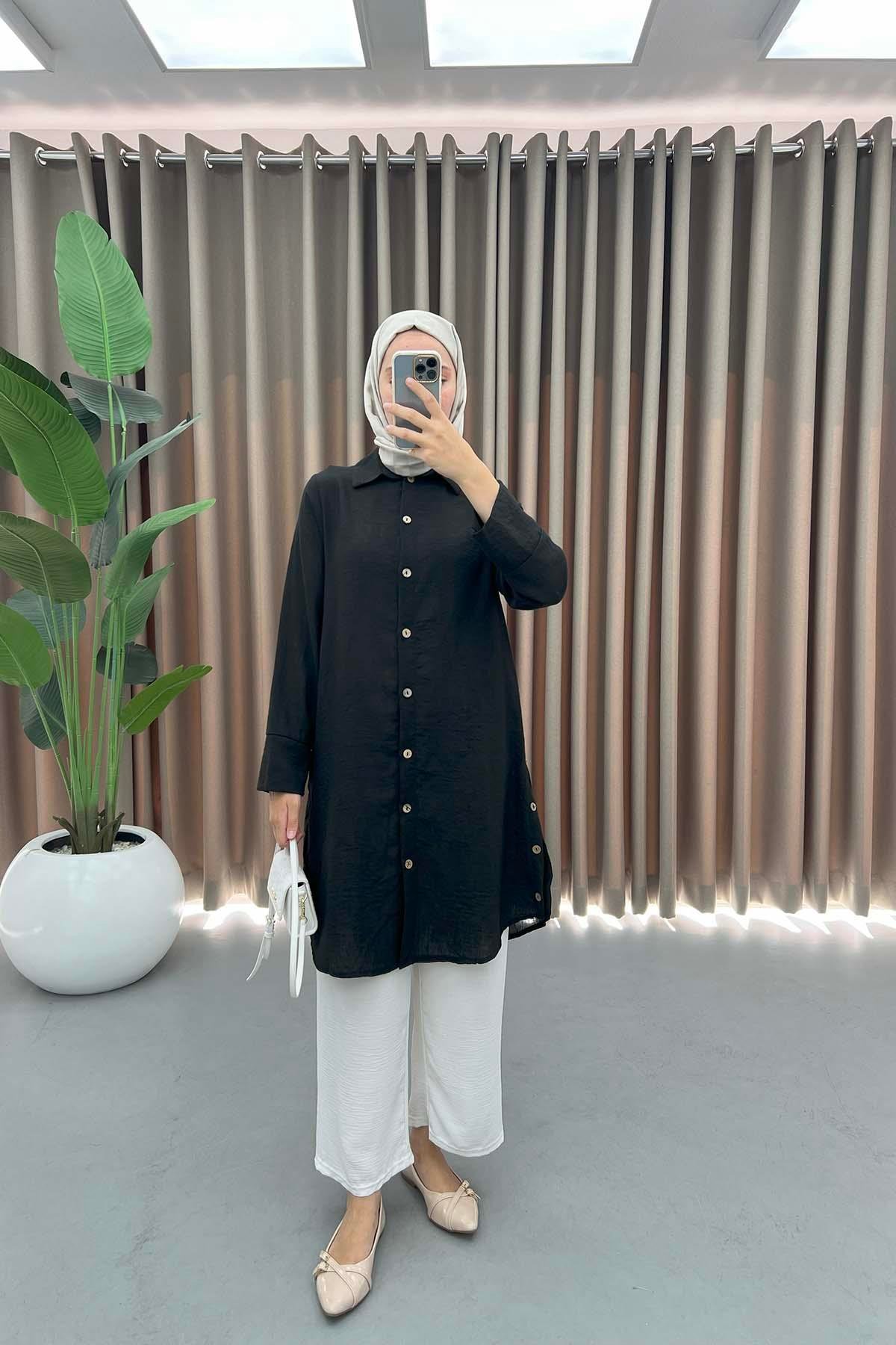 Buttoned Linen Tunic Black