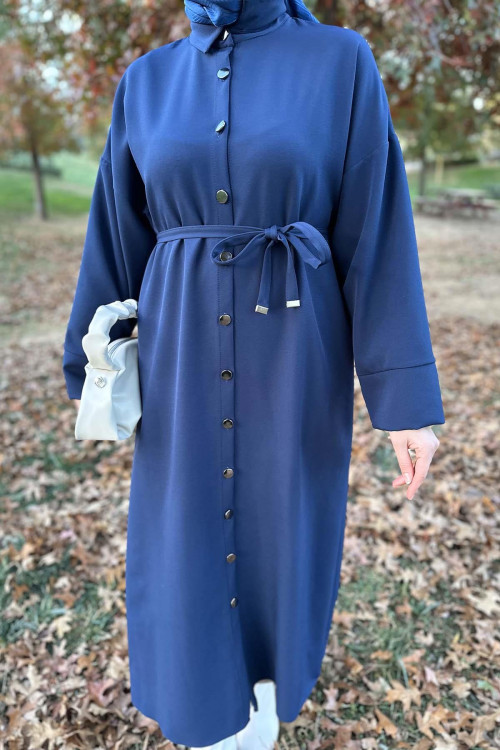 Buttoned Belted Dress Navy Blue