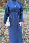 Buttoned Belted Dress Navy Blue