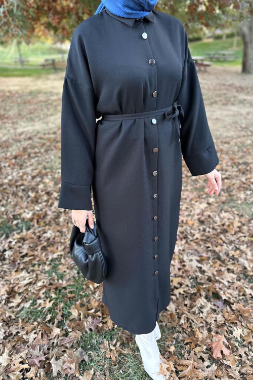 Buttoned Belted Dress Black