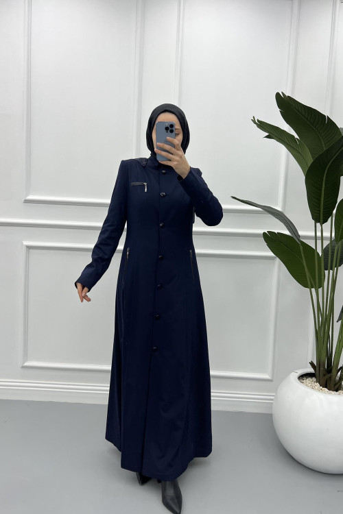 Buttoned Polyviscose Abaya Dark Navy Blue