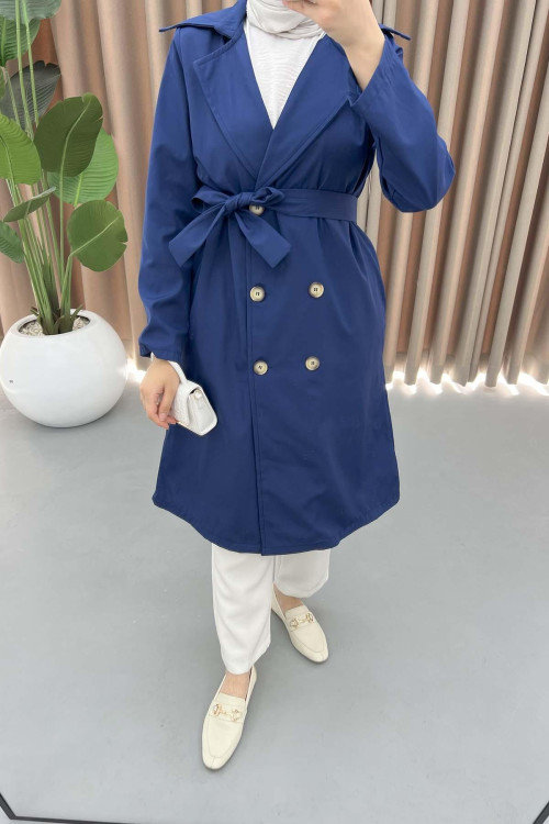 Buttoned Trench Coat Navy Blue