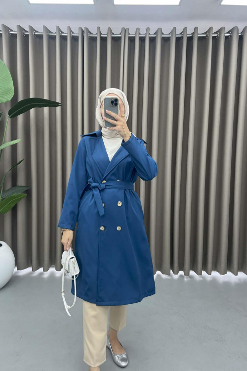 Buttoned Trench Coat Navy Blue