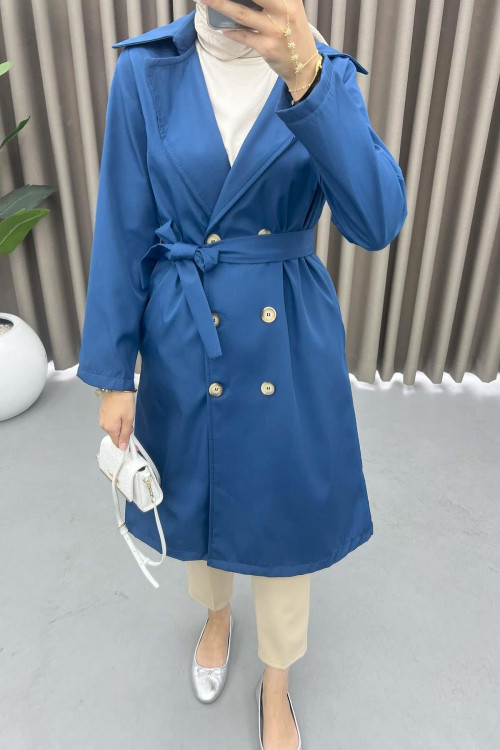 Buttoned Trench Coat Navy Blue