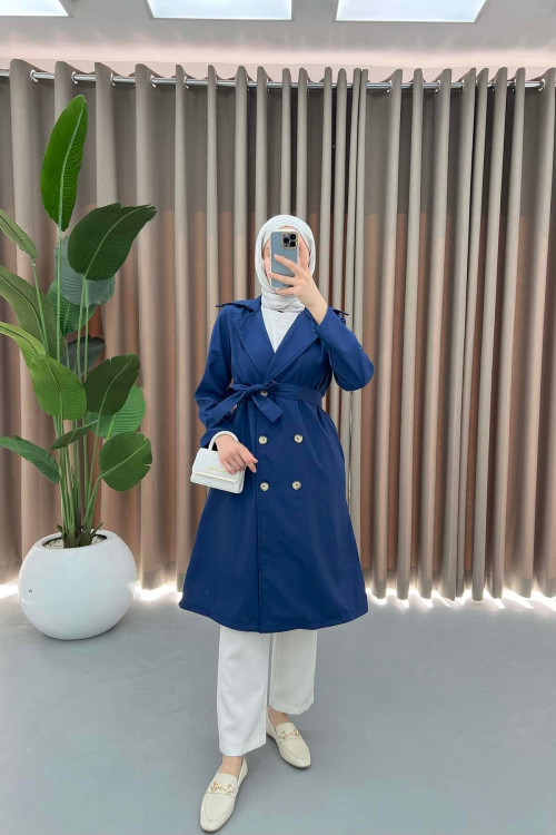 Buttoned Trench Coat Navy Blue