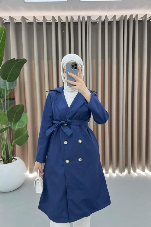 Buttoned Trench Coat Navy Blue