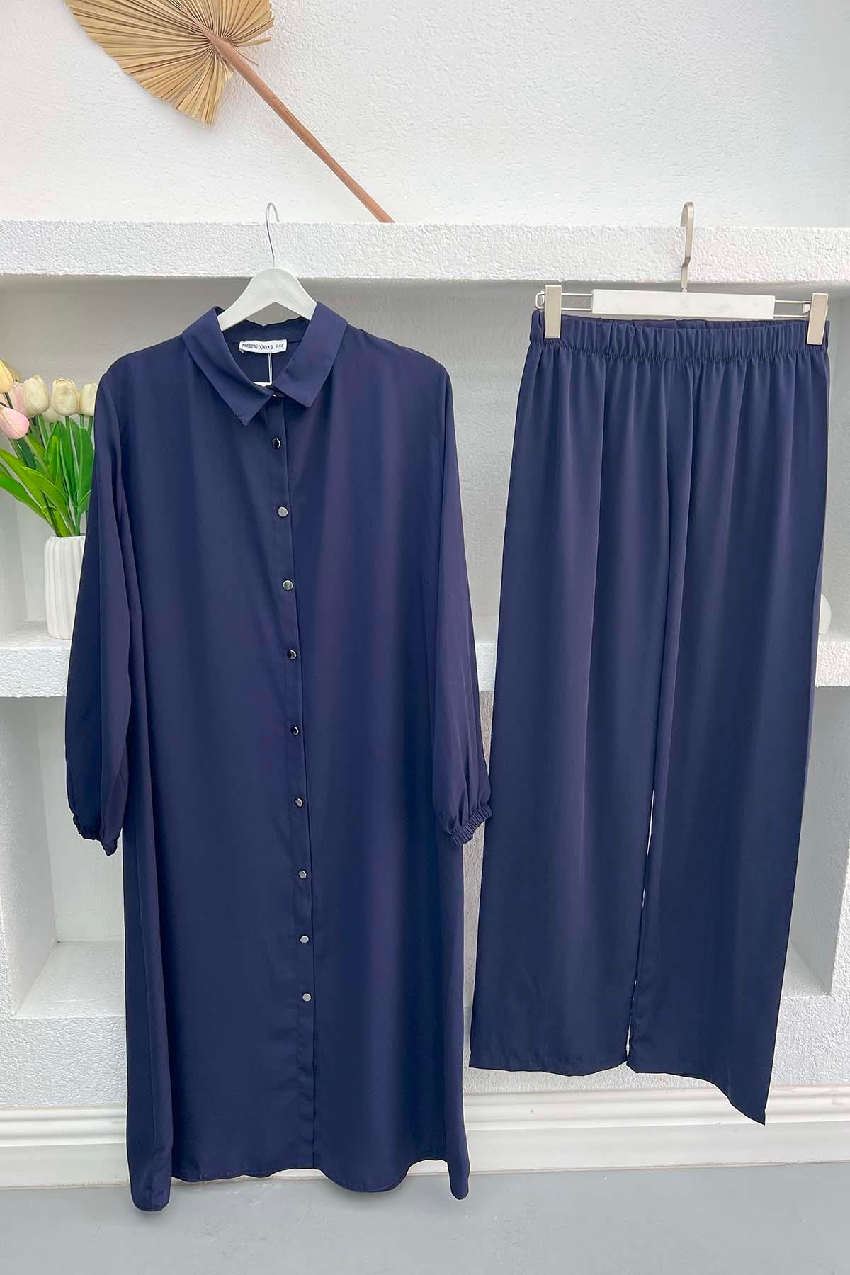 Buttoned Tunic Suit Navy Blue