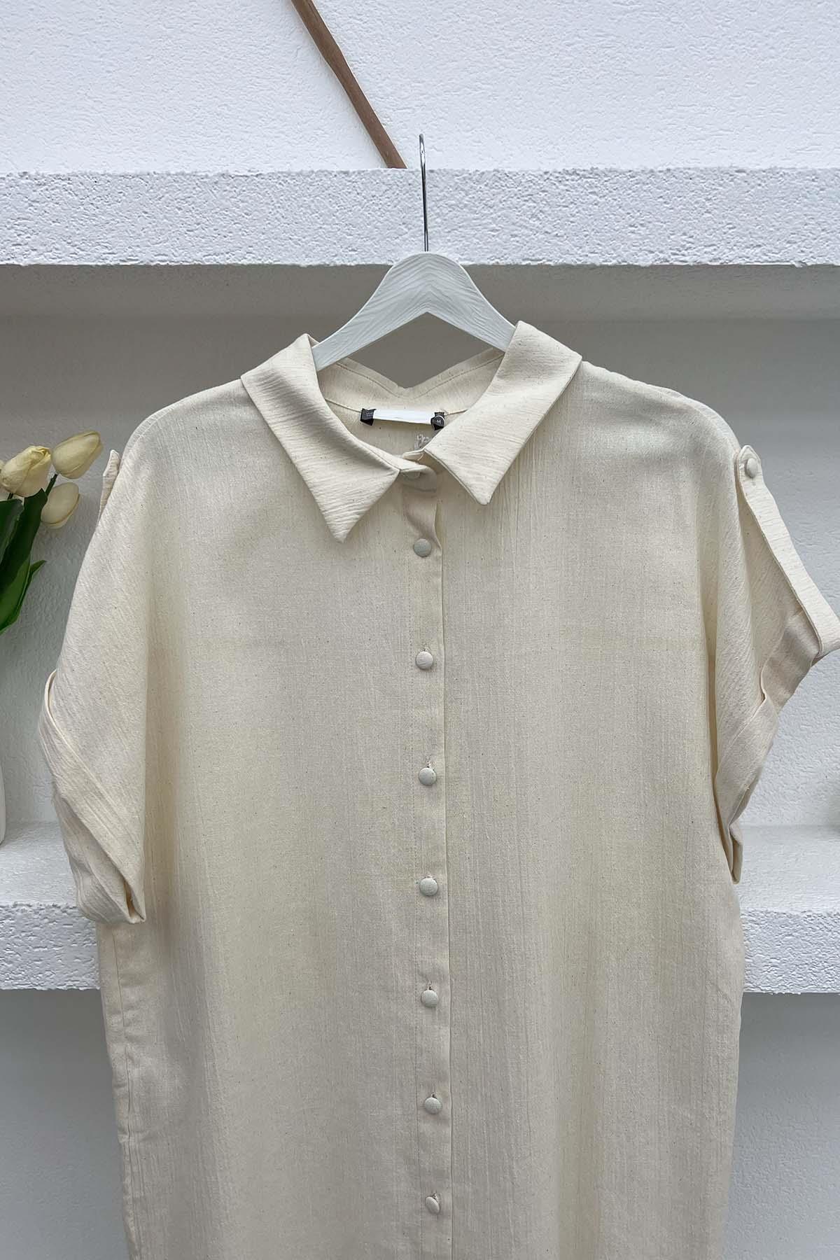 Off Shoulder Linen Shirt Beige