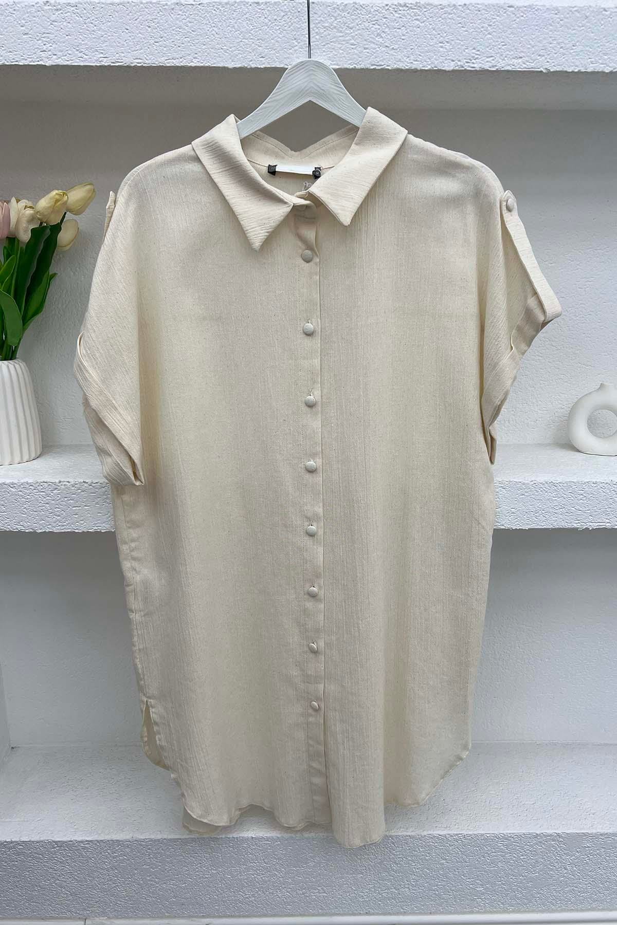 Off Shoulder Linen Shirt Beige