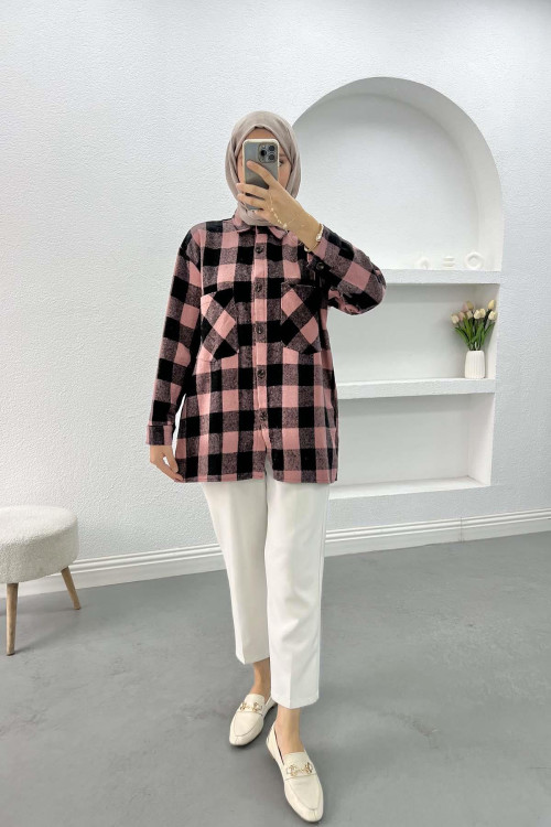 Plaid Cashmere Shirt Dusty Rose