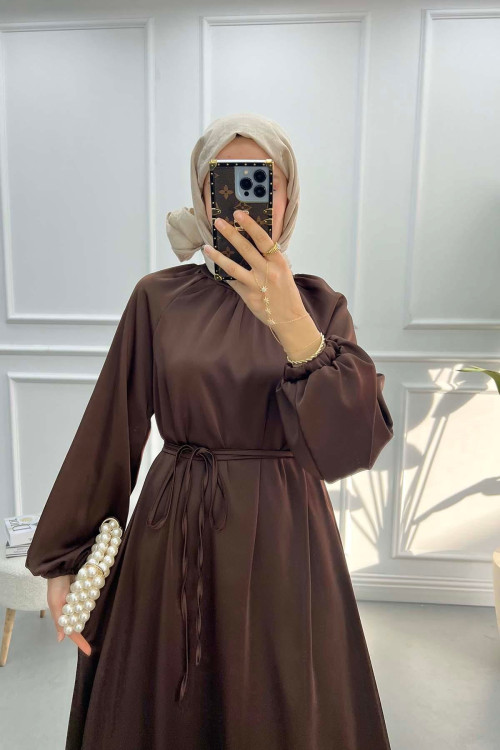 Satin Dress with Flounce Skirt, Bitter Brown