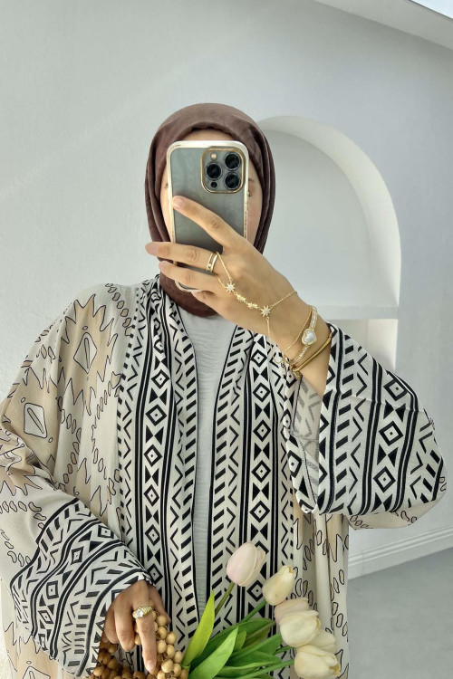 Ethnic Pattern Long Kimono Cream