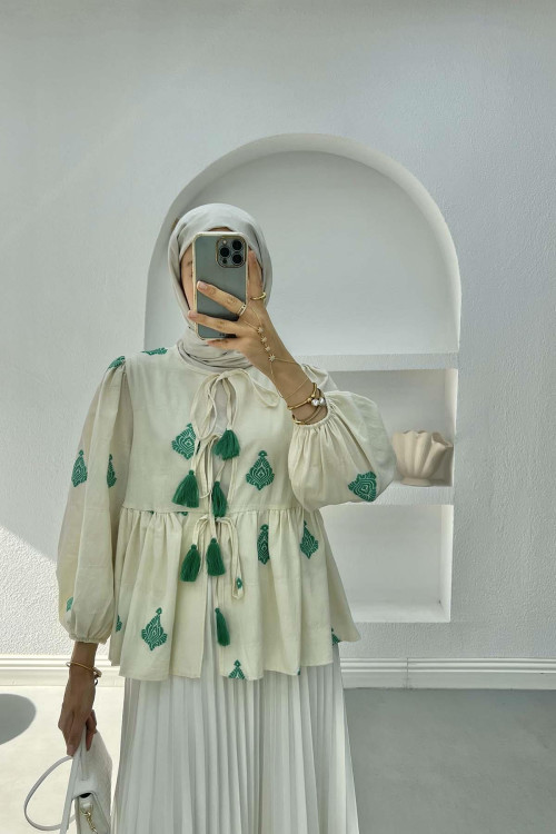 Ethnic Patterned Tied Blouse Green