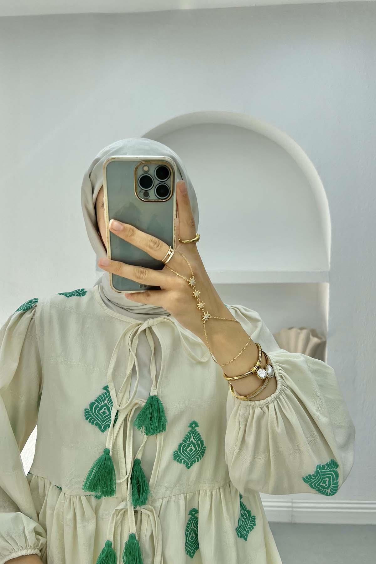 Ethnic Patterned Tied Blouse Green