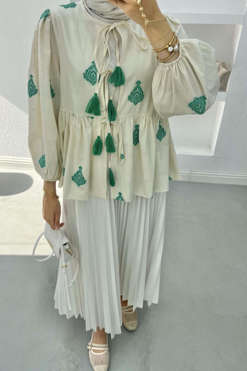 Ethnic Patterned Tied Blouse Green