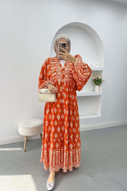 Ethnic Patterned Dress Orange