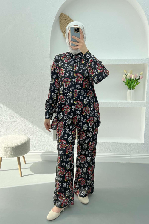 Ethnic Patterned Satin Suit Black