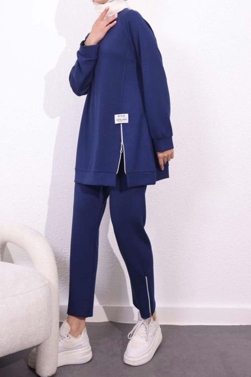 Zipper Detailed Crest Suit Navy Blue