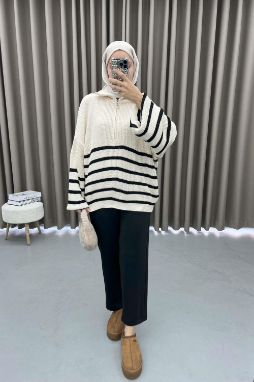 Zippered Striped Sweater Ecru