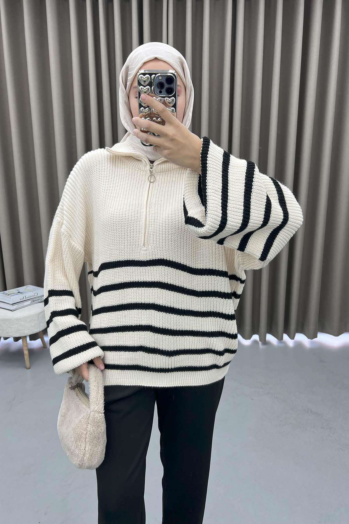 Zippered Striped Sweater Ecru