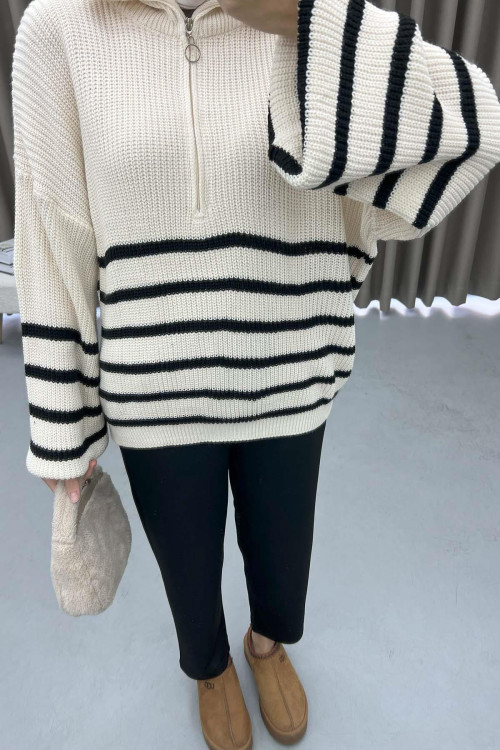 Zippered Striped Sweater Ecru