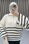 Zippered Striped Sweater Ecru