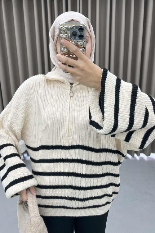 Zippered Striped Sweater Ecru