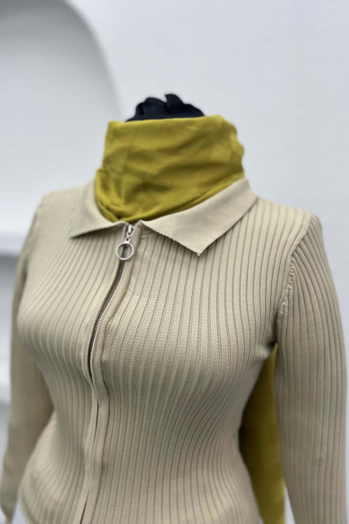 Zippered Ribbed Blouse Beige