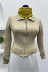 Zippered Ribbed Blouse Beige