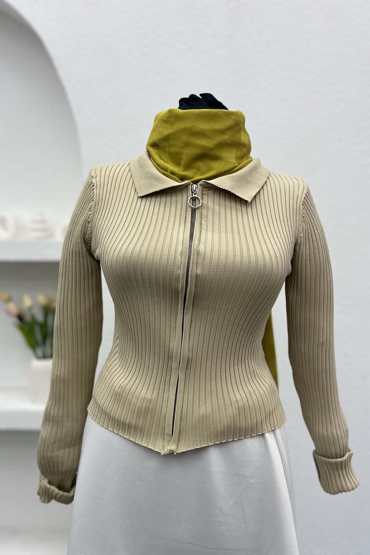 Zippered Ribbed Blouse Beige