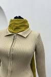 Zippered Ribbed Blouse Beige