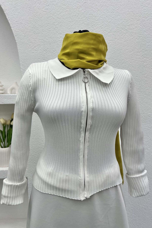 Zippered Ribbed Blouse White