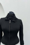 Zippered Ribbed Blouse Black