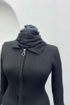 Zippered Ribbed Blouse Black