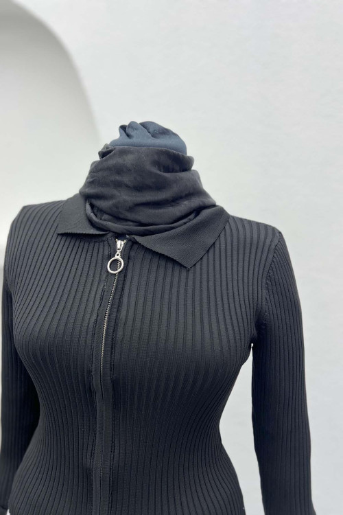 Zippered Ribbed Blouse Black