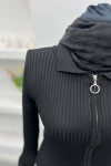 Zippered Ribbed Blouse Black