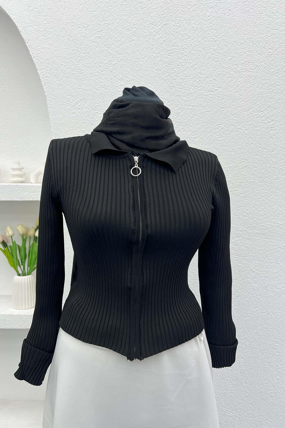 Zippered Ribbed Blouse Black