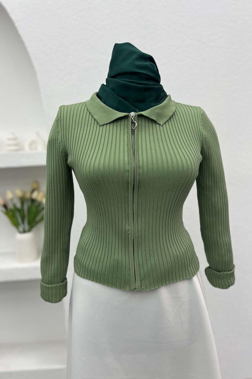 Zippered Ribbed Blouse Green