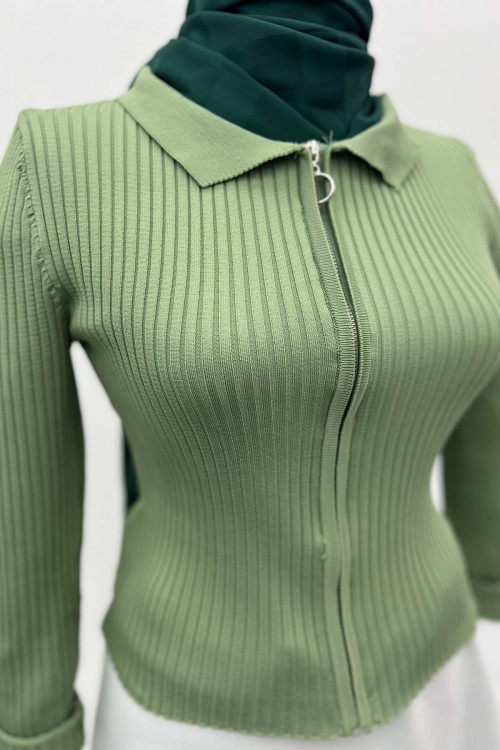 Zippered Ribbed Blouse Green