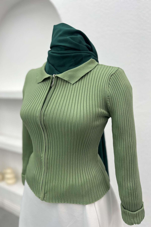 Zippered Ribbed Blouse Green