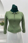 Zippered Ribbed Blouse Green